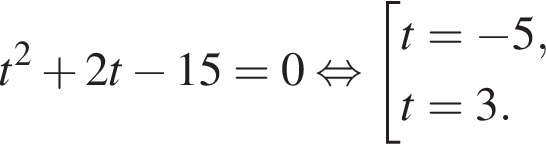 t в квад­ра­те плюс 2t минус 15 = 0 рав­но­силь­но со­во­куп­ность вы­ра­же­ний t = минус 5,t = 3. конец со­во­куп­но­сти . 