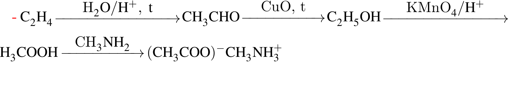 \ChemFormC_2H_4 \reactrarrow0pt3 cmH_2O / H в сте­пе­ни п люс ,t CH_3CHO \reactrarrow0pt2 cmCuO, t C_2H_5OH \reactrarrow0pt3 cmKMnO_4 / H в сте­пе­ни п люс CH_3COOH \reactrarrow0pt2 cmCH_3NH_2 левая круг­лая скоб­ка CH_3COO пра­вая круг­лая скоб­ка в сте­пе­ни м инус CH_3NH_3 в сте­пе­ни п люс 