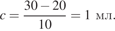 c= дробь: чис­ли­тель: 30 минус 20, зна­ме­на­тель: 10 конец дроби =1 мл. 