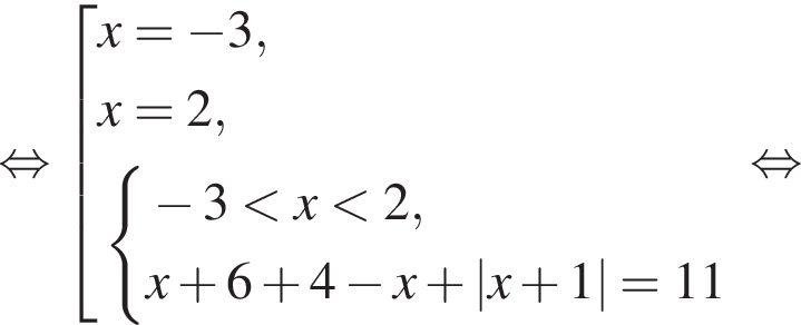  рав­но­силь­но со­во­куп­ность вы­ра­же­ний x= минус 3,x=2, си­сте­ма вы­ра­же­ний минус 3 мень­ше x мень­ше 2,x плюс 6 плюс 4 минус x плюс |x плюс 1|=11 конец си­сте­мы . конец со­во­куп­но­сти . рав­но­силь­но 