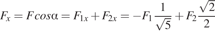 F_x = Fcos альфа = F_1x плюс F_2x = минус F_1 дробь: чис­ли­тель: 1, зна­ме­на­тель: ко­рень из: на­ча­ло ар­гу­мен­та: 5 конец ар­гу­мен­та конец дроби плюс F_2 дробь: чис­ли­тель: ко­рень из: на­ча­ло ар­гу­мен­та: 2 конец ар­гу­мен­та , зна­ме­на­тель: 2 конец дроби 
