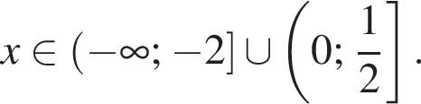 x при­над­ле­жит левая круг­лая скоб­ка минус бес­ко­неч­ность ; минус 2 пра­вая квад­рат­ная скоб­ка \cup левая круг­лая скоб­ка 0; дробь: чис­ли­тель: 1, зна­ме­на­тель: 2 конец дроби пра­вая квад­рат­ная скоб­ка .
