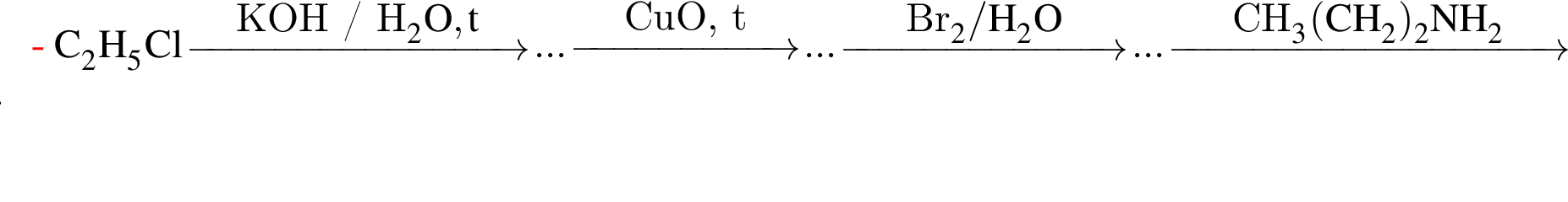 \ChemFormC_2H_5Cl \reactrarrow0pt3 cmKOH / H_2O, t ... \reactrarrow0pt2 cmCuO, t ... \reactrarrow0pt2.5 cmBr_2 / H_2O ... \reactrarrow0pt3.5 cmCH_3 левая круг­лая скоб­ка CH_2 пра­вая круг­лая скоб­ка _2NH_2 ...