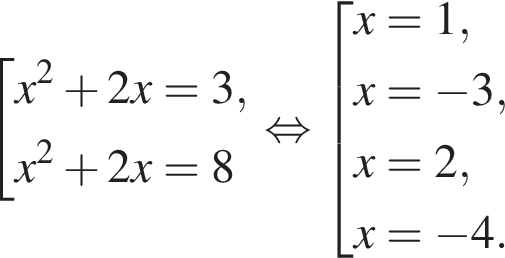 со­во­куп­ность вы­ра­же­ний x в квад­ра­те плюс 2x=3,x в квад­ра­те плюс 2x=8 конец со­во­куп­но­сти . рав­но­силь­но со­во­куп­ность вы­ра­же­ний x=1,x= минус 3,x=2,x= минус 4. конец со­во­куп­но­сти .