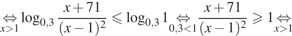 \undersetx боль­ше 1\mathop рав­но­силь­но ло­га­рифм по ос­но­ва­нию левая круг­лая скоб­ка 0,3 пра­вая круг­лая скоб­ка дробь: чис­ли­тель: x плюс 71, зна­ме­на­тель: левая круг­лая скоб­ка x минус 1 пра­вая круг­лая скоб­ка в квад­ра­те конец дроби мень­ше или равно ло­га­рифм по ос­но­ва­нию левая круг­лая скоб­ка 0,3 пра­вая круг­лая скоб­ка 1 \underset0,3 мень­ше 1\mathop рав­но­силь­но дробь: чис­ли­тель: x плюс 71, зна­ме­на­тель: левая круг­лая скоб­ка x минус 1 пра­вая круг­лая скоб­ка в квад­ра­те конец дроби боль­ше или равно 1 \undersetx боль­ше 1\mathop рав­но­силь­но 