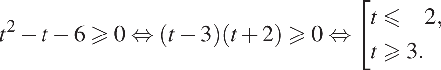 t в квад­ра­те минус t минус 6 боль­ше или равно 0 рав­но­силь­но левая круг­лая скоб­ка t минус 3 пра­вая круг­лая скоб­ка левая круг­лая скоб­ка t плюс 2 пра­вая круг­лая скоб­ка боль­ше или равно 0 рав­но­силь­но со­во­куп­ность вы­ра­же­ний t мень­ше или равно минус 2,t боль­ше или равно 3. конец со­во­куп­но­сти . 