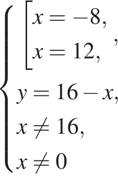  си­сте­ма вы­ра­же­ний со­во­куп­ность вы­ра­же­ний x= минус 8,x=12, конец си­сте­мы . ,y=16 минус x,x не равно 16,x не равно 0 конец со­во­куп­но­сти 