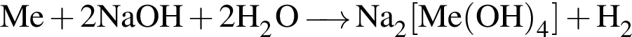 \ChemFormMe плюс 2NaOH плюс 2H_2O\reactrarrow0pt0.5 cmNa_2 левая квад­рат­ная скоб­ка Me левая круг­лая скоб­ка OH пра­вая круг­лая скоб­ка _4 пра­вая квад­рат­ная скоб­ка плюс H_2