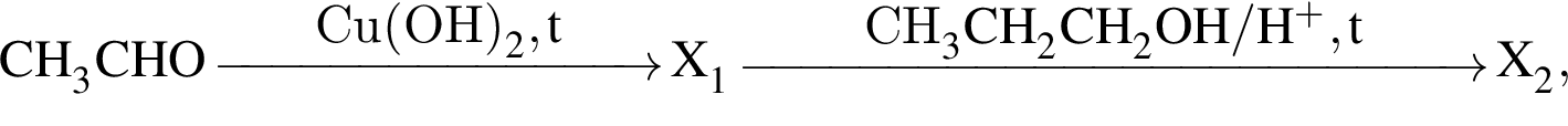 \ChemFormCH_3CHO \reactrarrow0pt3 cmCu левая круг­лая скоб­ка OH пра­вая круг­лая скоб­ка _2, t X_1 \reactrarrow0pt5 cmCH_3CH_2CH_2OH / H в сте­пе­ни п люс , t X_2,