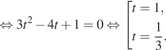  рав­но­силь­но 3t в квад­ра­те минус 4t плюс 1=0 рав­но­силь­но со­во­куп­ность вы­ра­же­ний t=1,t= дробь: чис­ли­тель: 1, зна­ме­на­тель: 3 конец дроби . конец со­во­куп­но­сти . 