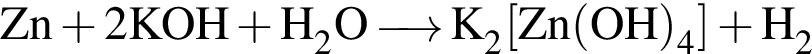 \ChemFormZn плюс 2KOH плюс H_2O \reactrarrow0pt0,5 cm K_2 левая квад­рат­ная скоб­ка Zn левая круг­лая скоб­ка OH пра­вая круг­лая скоб­ка _4 пра­вая квад­рат­ная скоб­ка плюс H_2