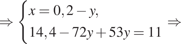 \Rightarrow си­сте­ма вы­ра­же­ний x = 0,2 минус y,14,4 минус 72y плюс 53y = 11 конец си­сте­мы \Rightarrow
