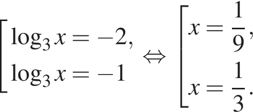  со­во­куп­ность вы­ра­же­ний ло­га­рифм по ос­но­ва­нию 3 x= минус 2, ло­га­рифм по ос­но­ва­нию 3 x= минус 1 конец со­во­куп­но­сти . рав­но­силь­но со­во­куп­ность вы­ра­же­ний x= дробь: чис­ли­тель: 1, зна­ме­на­тель: 9 конец дроби ,x= дробь: чис­ли­тель: 1, зна­ме­на­тель: 3 конец дроби . конец со­во­куп­но­сти . 